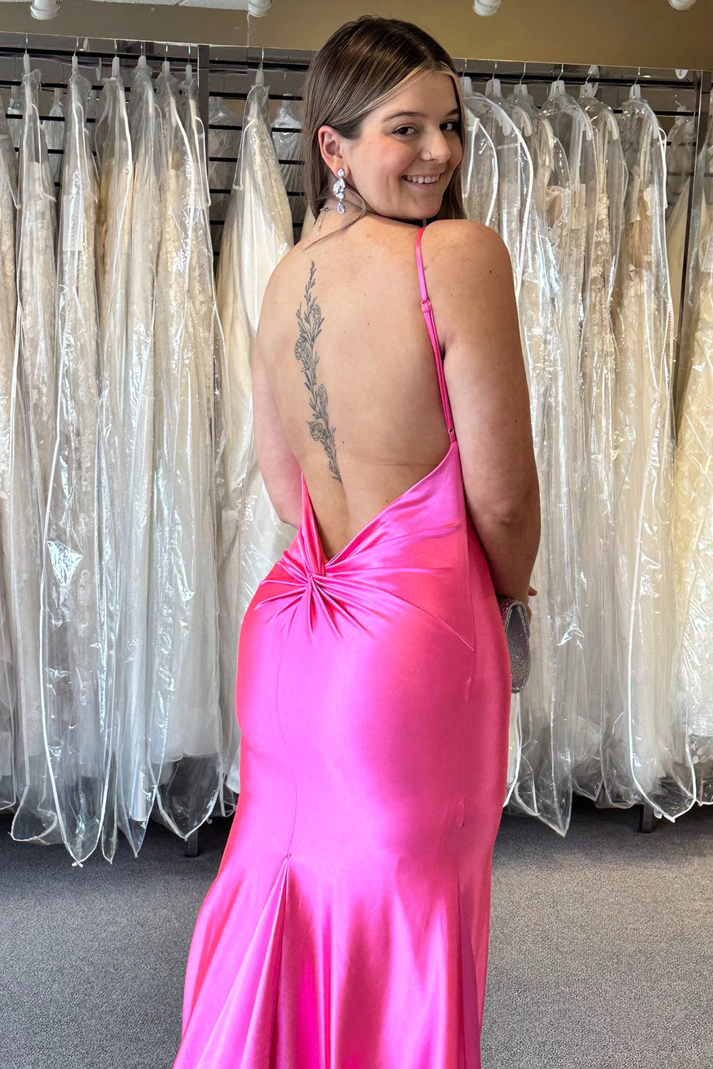 Fuchsia Spaghetti Straps Prom Dress Mermaid Satin Long Evening Dress with Open Back