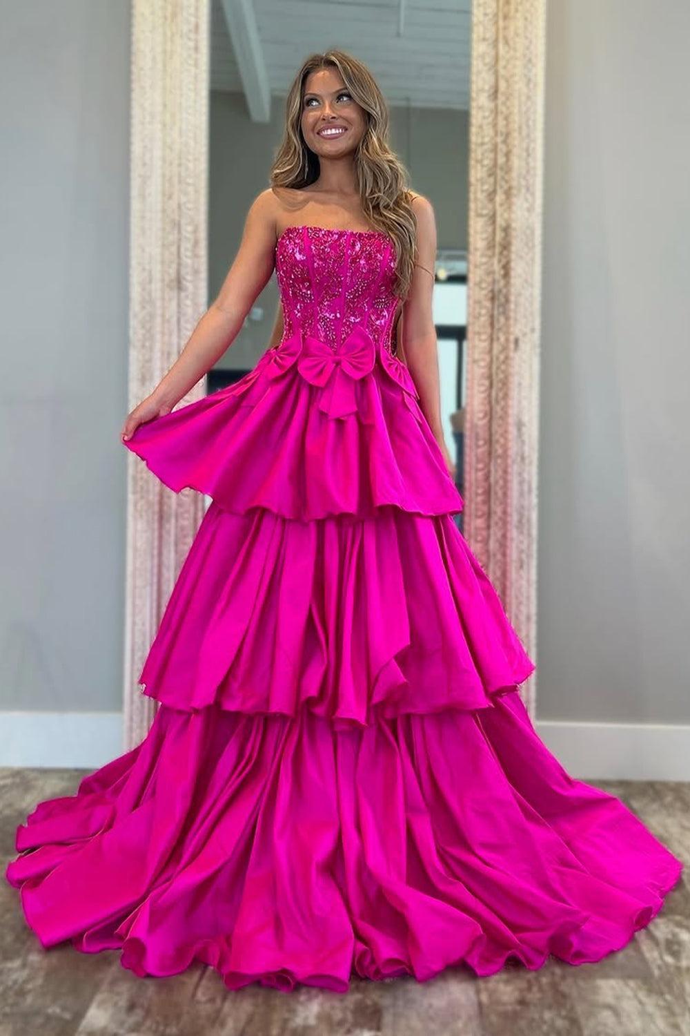Fuchsia Strapless Layered Satin A-Line Prom Dress With Glitter Bodice And Bowknot Formal Evening Gown