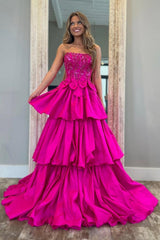 Fuchsia Strapless Layered Satin A-Line Prom Dress With Glitter Bodice And Bowknot Formal Evening Gown