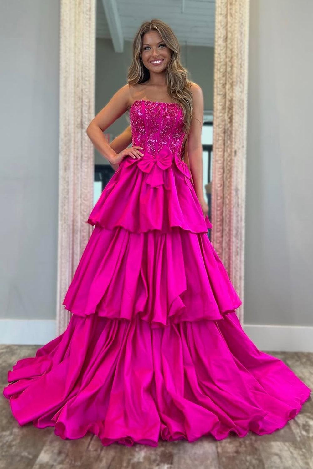 Fuchsia Strapless Layered Satin A-Line Prom Dress With Glitter Bodice And Bowknot Formal Evening Gown