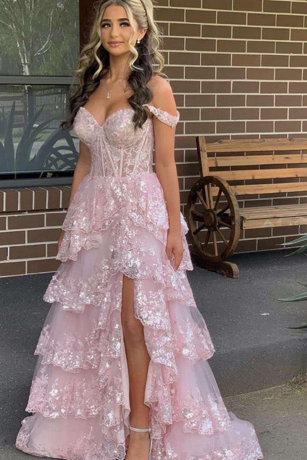 Fuchsia Tiered Long Lace Prom Dress with Slit