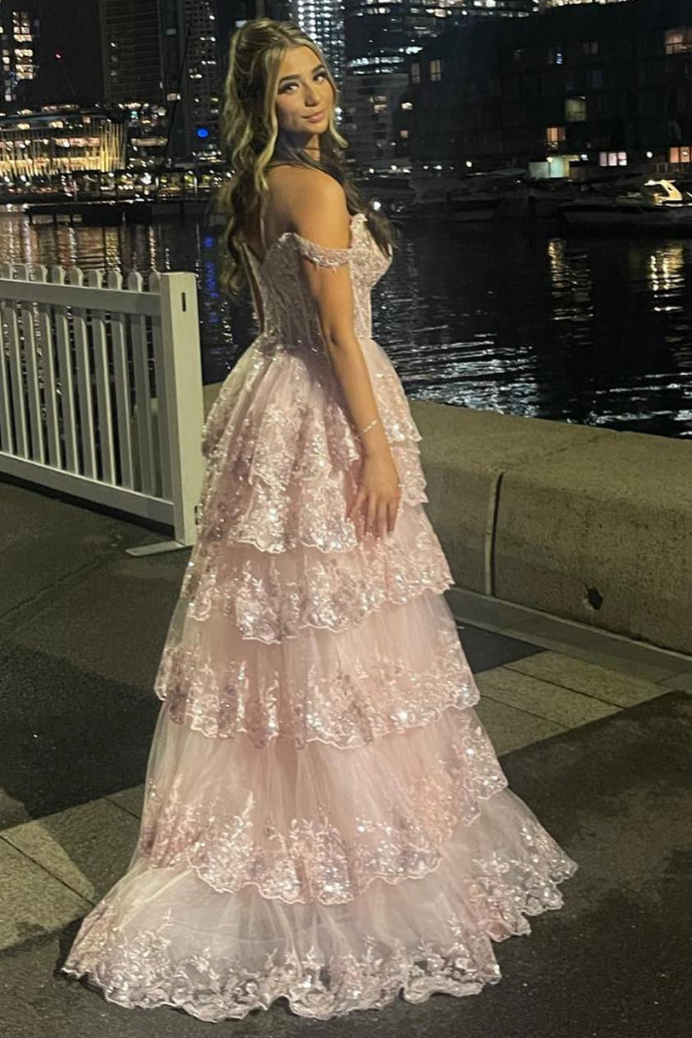 Fuchsia Tiered Long Lace Prom Dress with Slit