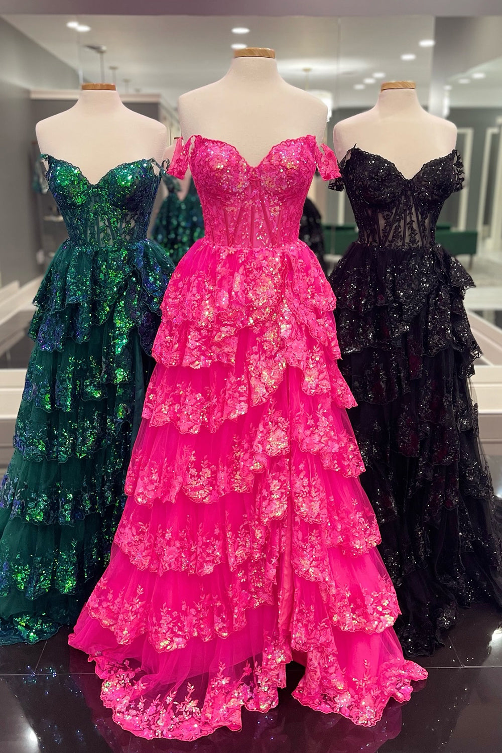 Fuchsia Tiered Long Lace Prom Dress with Slit