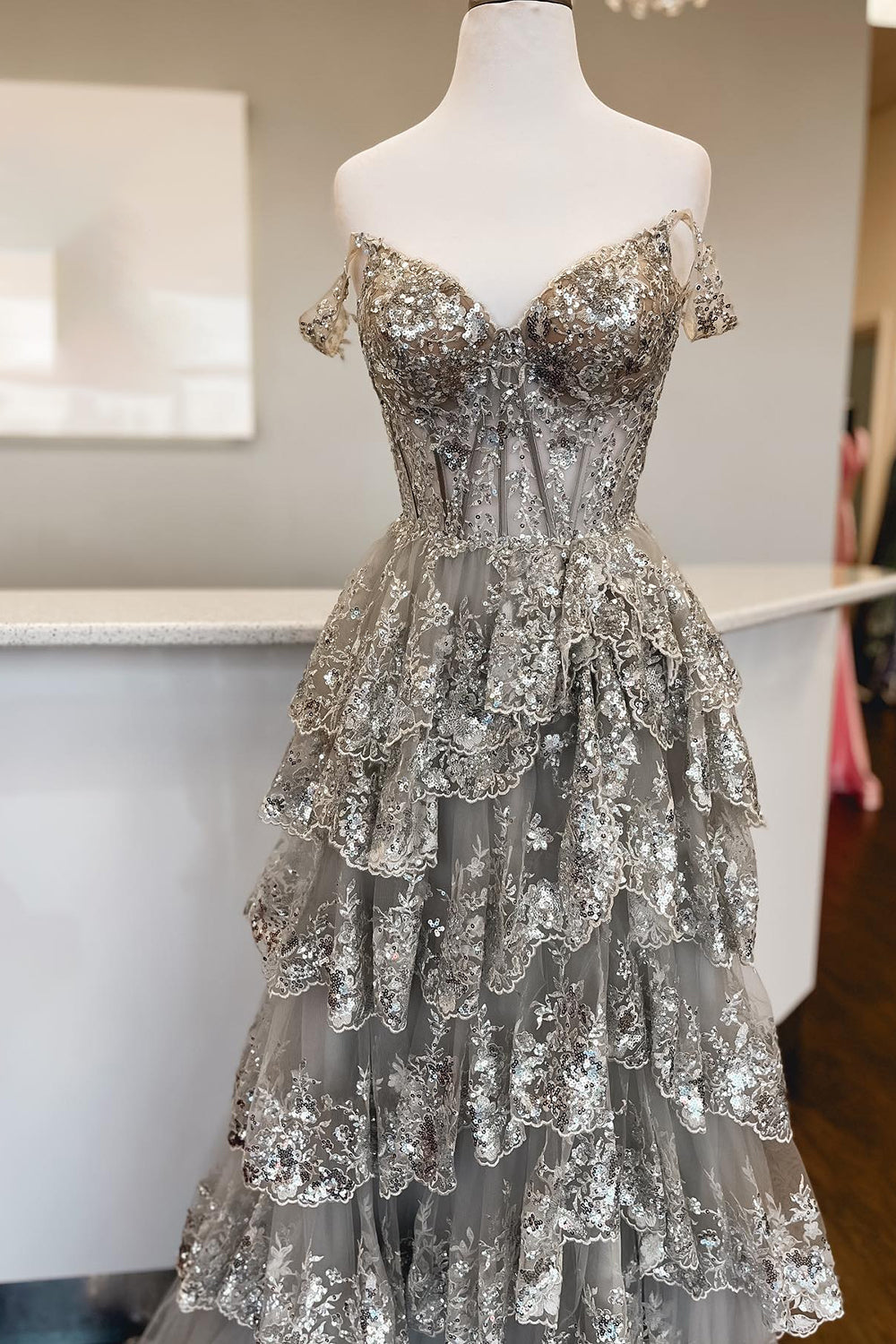 Fuchsia Tiered Long Lace Prom Dress with Slit