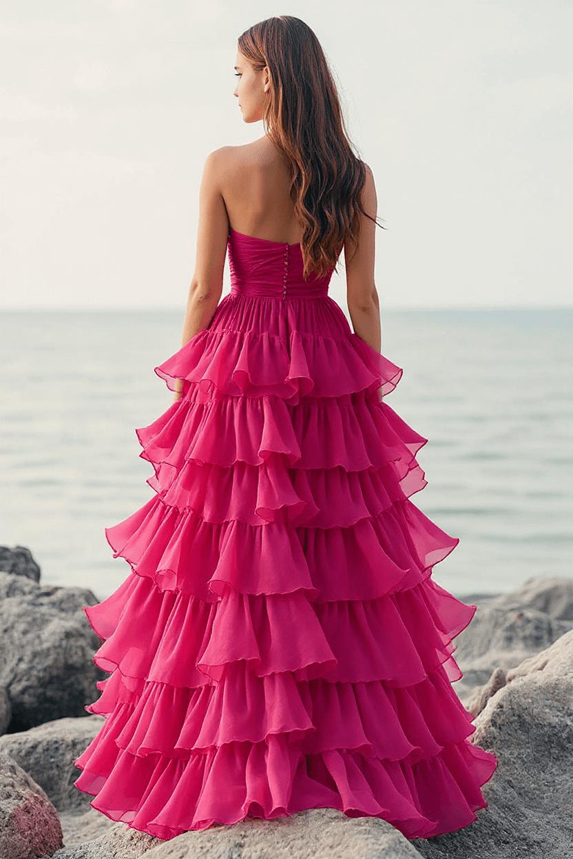 Fuchsia Wedding Guest Dress Chiffon Strapless Long Ball Gown Evening Dress With Ruffles