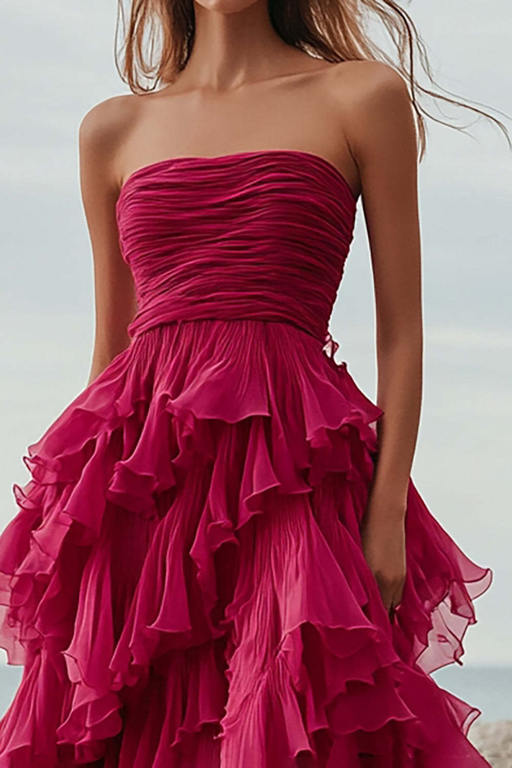 Fuchsia Wedding Guest Dress Organza Strapless Long Ball Gown Evening Dress With Ruffles