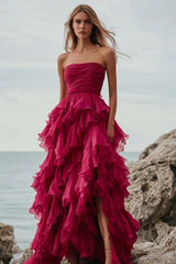 Fuchsia Wedding Guest Dress Organza Strapless Long Ball Gown Evening Dress With Ruffles