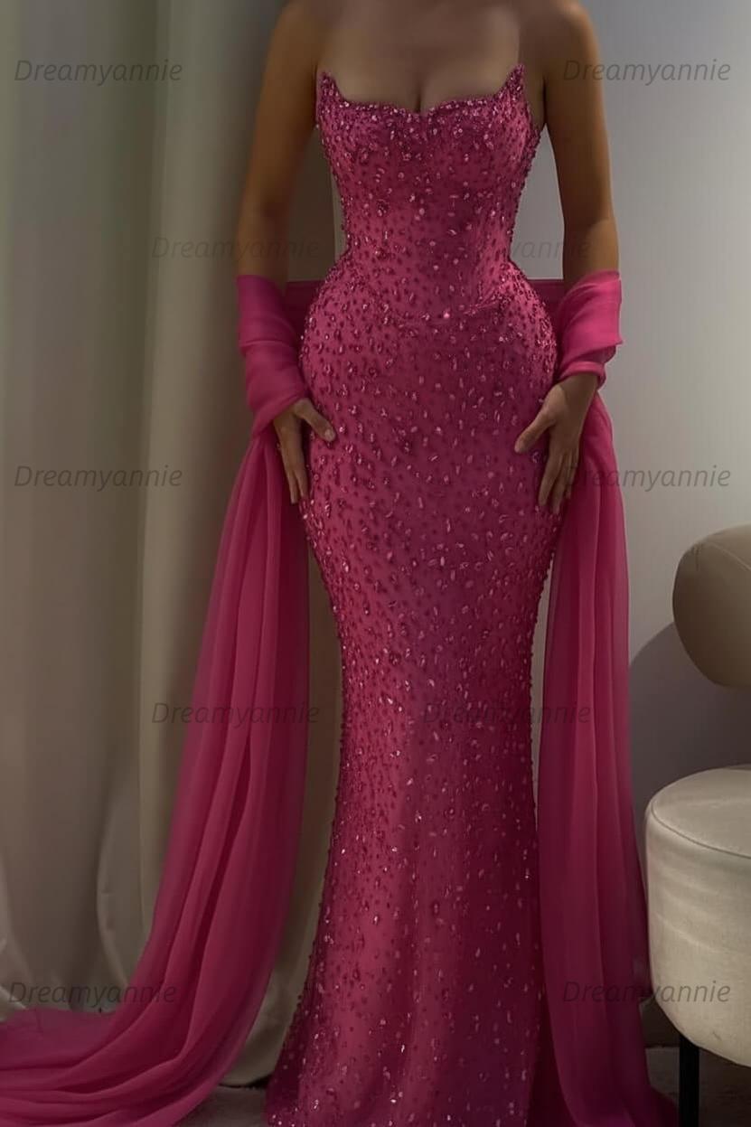 Pink Mermaid Prom Dress Strapless Beaded Evening Dress