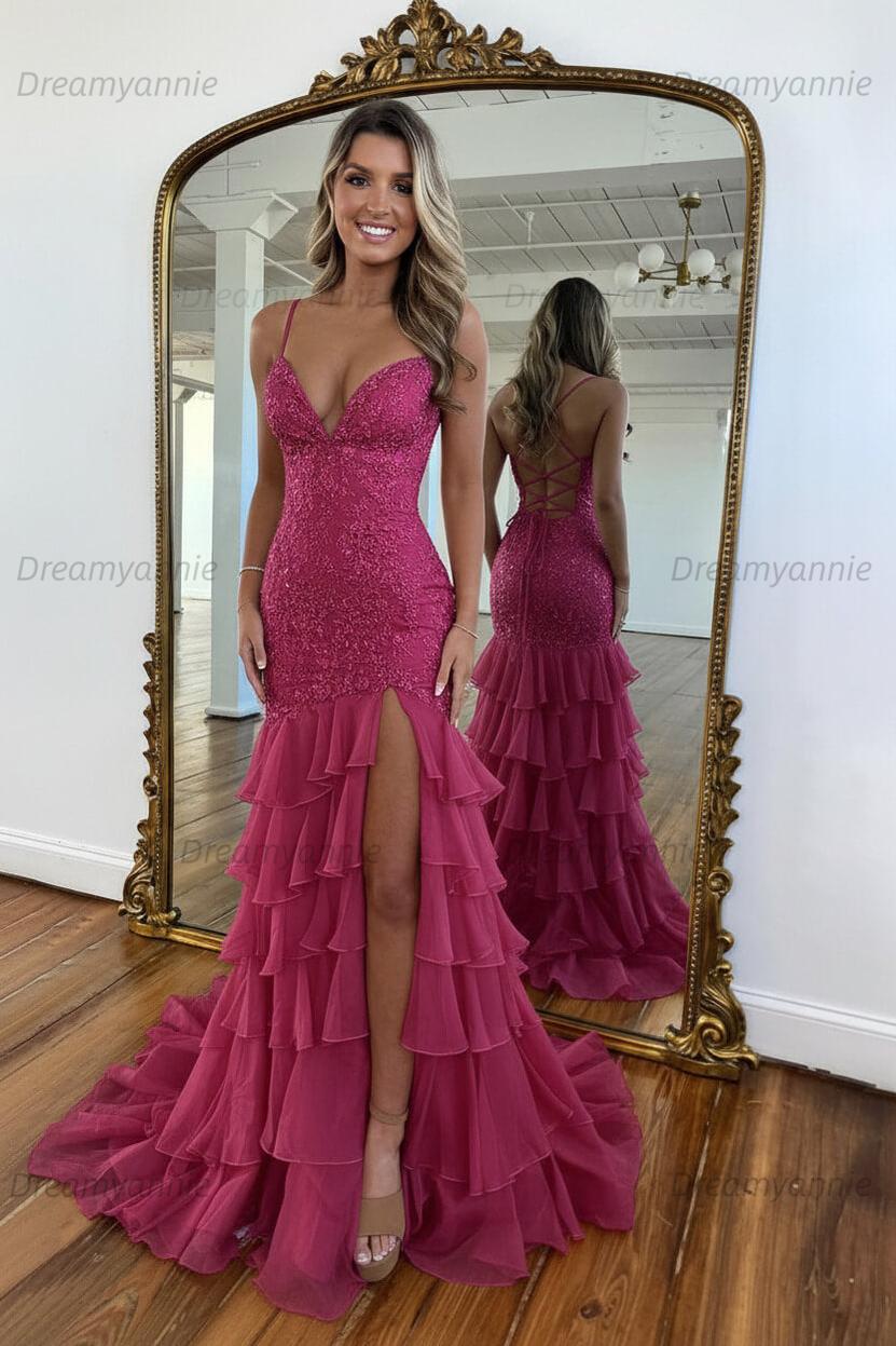 Charming Mermaid Spaghetti Straps Lace Up Long Prom Dress With Ruffle Skirt Formal Evening Gown