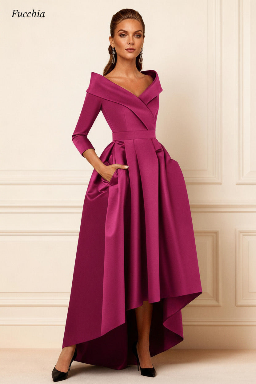 Dreamyannie Dark Navy V Neck Satin High Low Mother Of The Bride Dress With Pockets