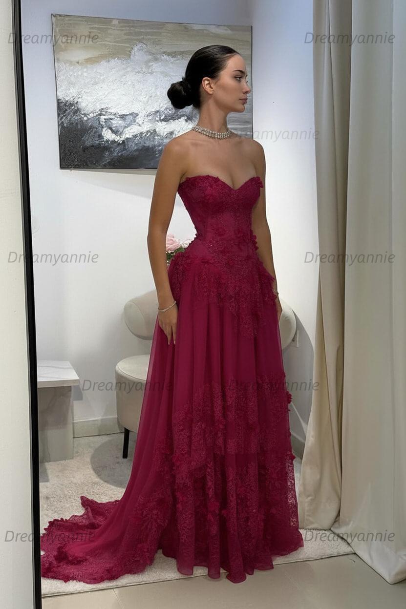 Yellow Lace A Line Prom Dress Sweetheart Lace Appliqued Formal Evening Dress with 3D Flowers