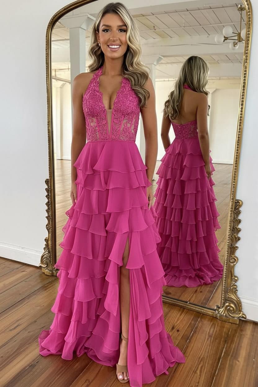 Dreamyannie Sky Blue Prom Dress Ruffled Halter Corset Evening Dress With Slit