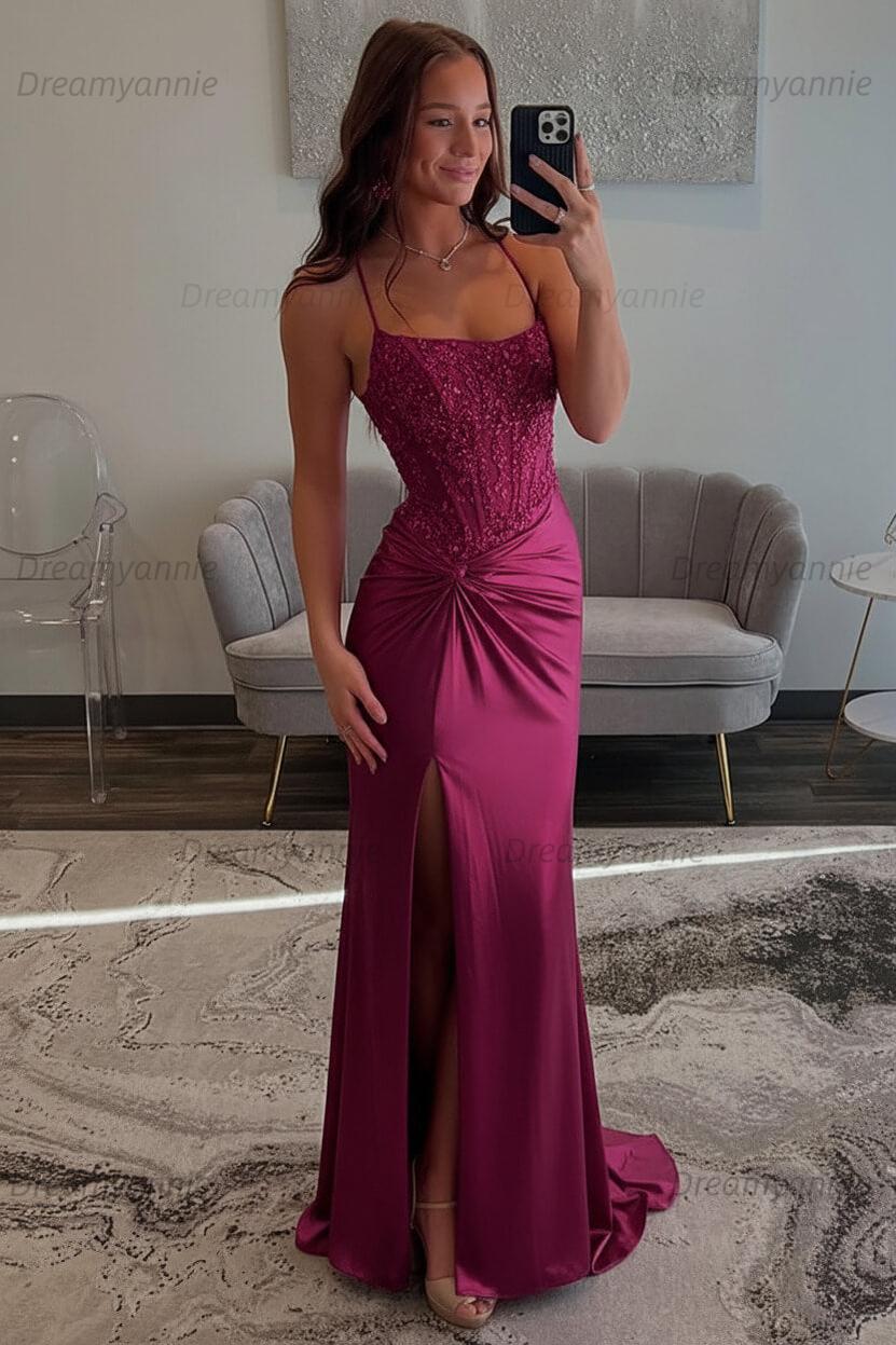 Dreamyannie Red Prom Dress Spaghetti Straps Ruhed Long Lace Formal Dress With Appliques
