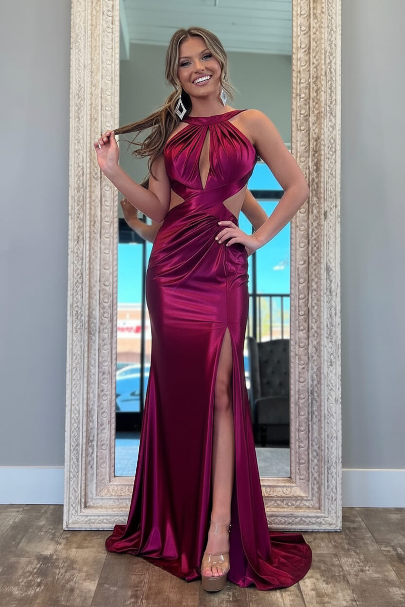 Stylish Fuchsia Metallic Mermaid Prom Dress With Slit And Open Back Formal Evening Gown