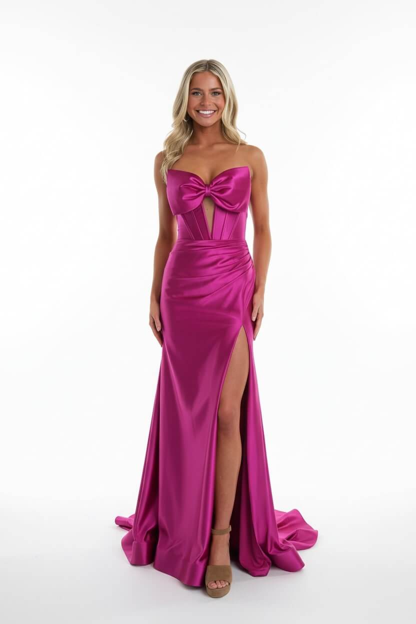 Dreamyannie Corset Red Prom Dress Satin Sweetheart Evening Dress With Slit