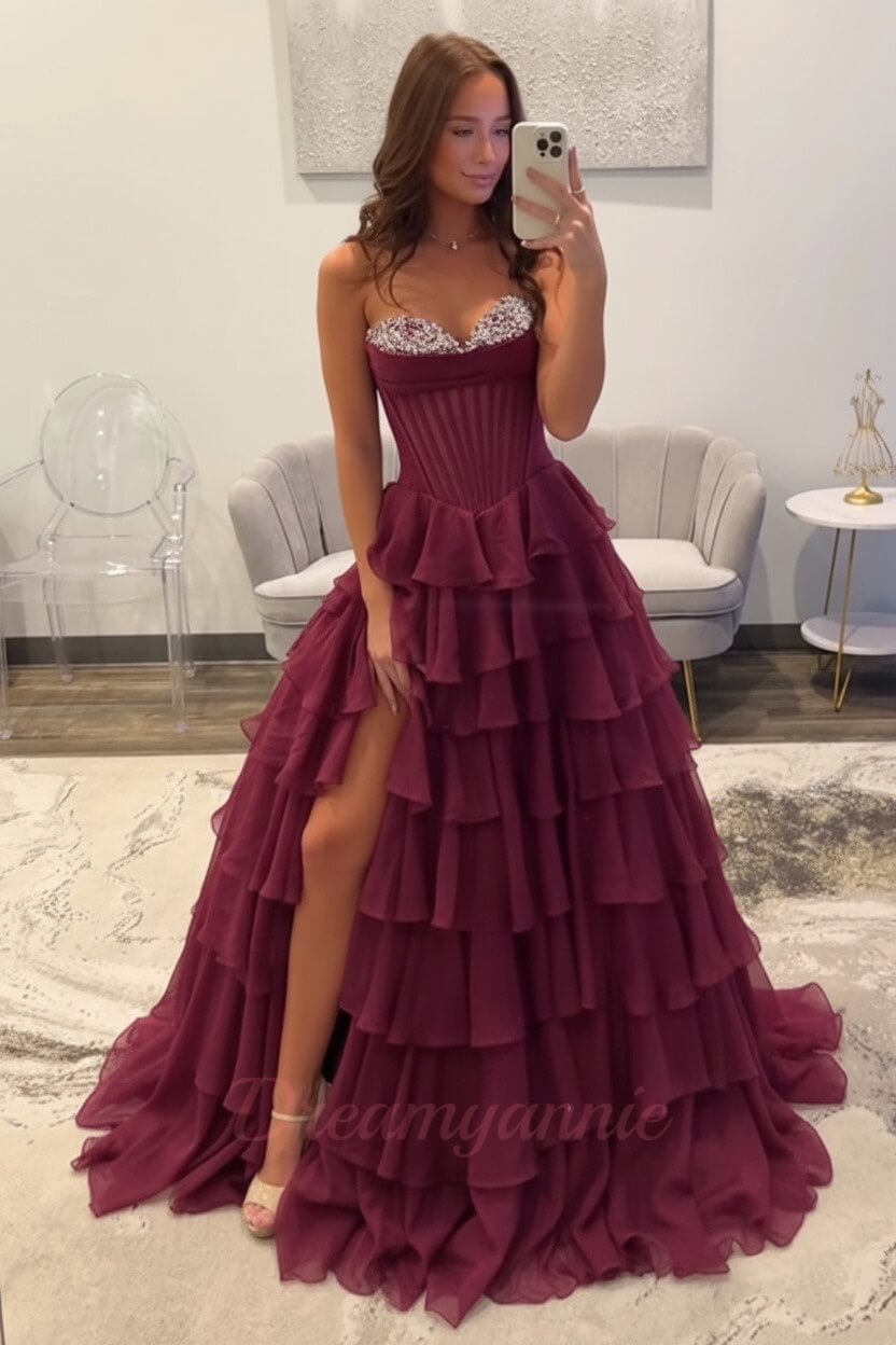 Dreamyannie Ruffled Black Prom Dress A Line Corset Long Formal Dress With Beadings
