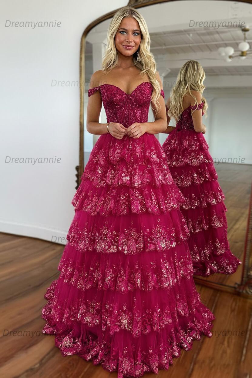 Glitter Hot Pink Corset Off the Shoulder Lace Long Prom Dress