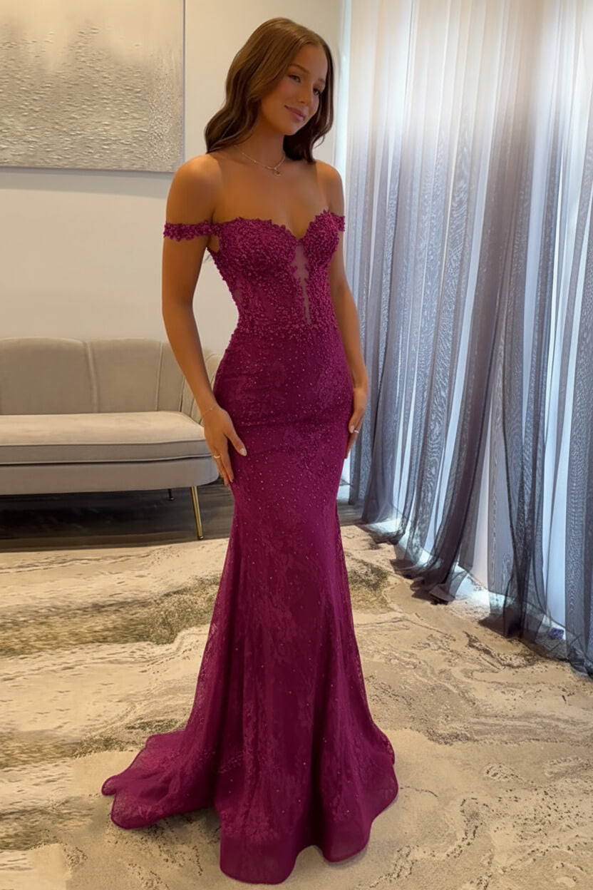 Dreamyannie Navy Prom Dress Off The Shoulder Mermaid Long Lace Formal Dress