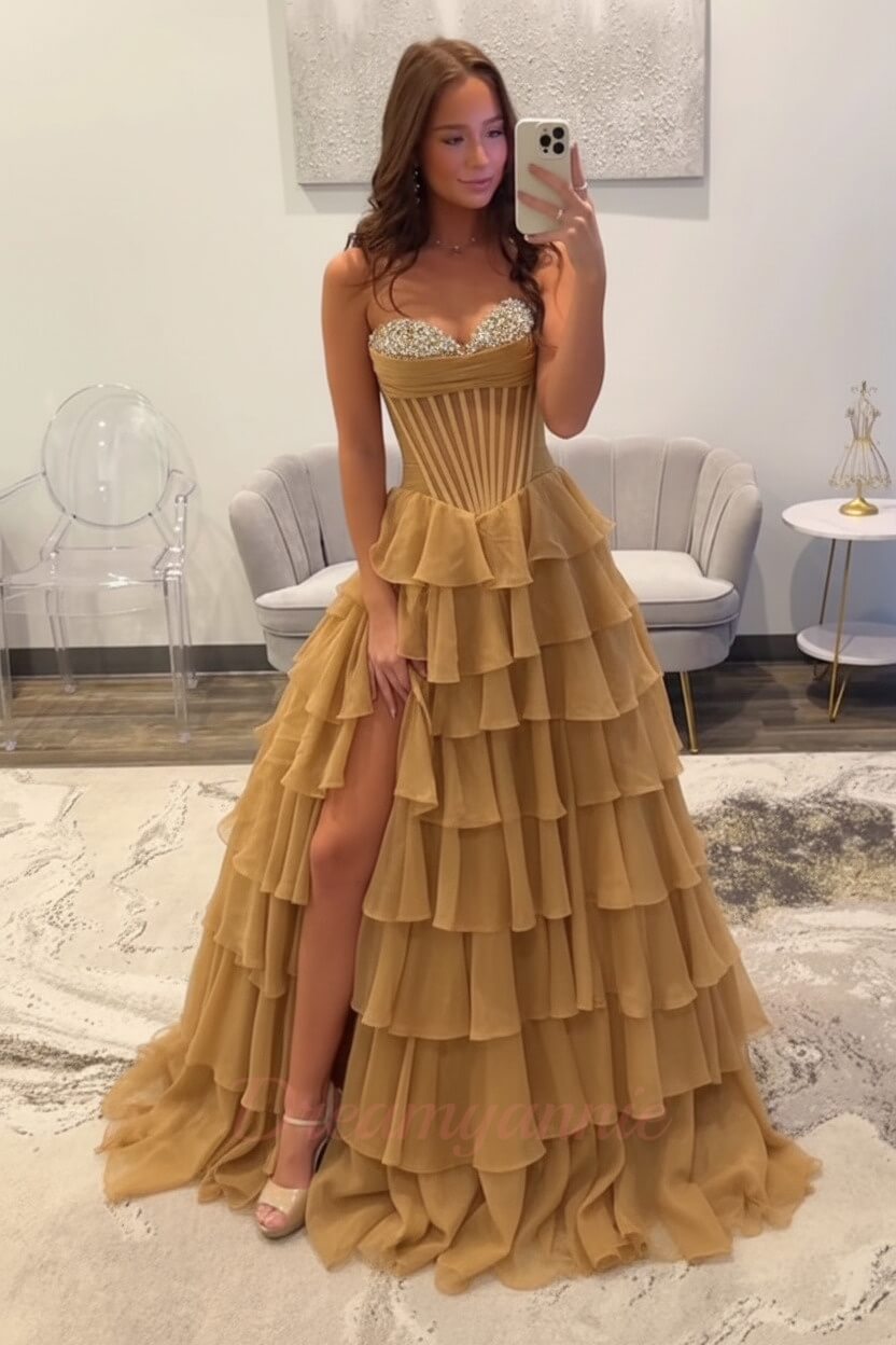Dreamyannie Ruffled Black Prom Dress A Line Corset Long Formal Dress With Beadings