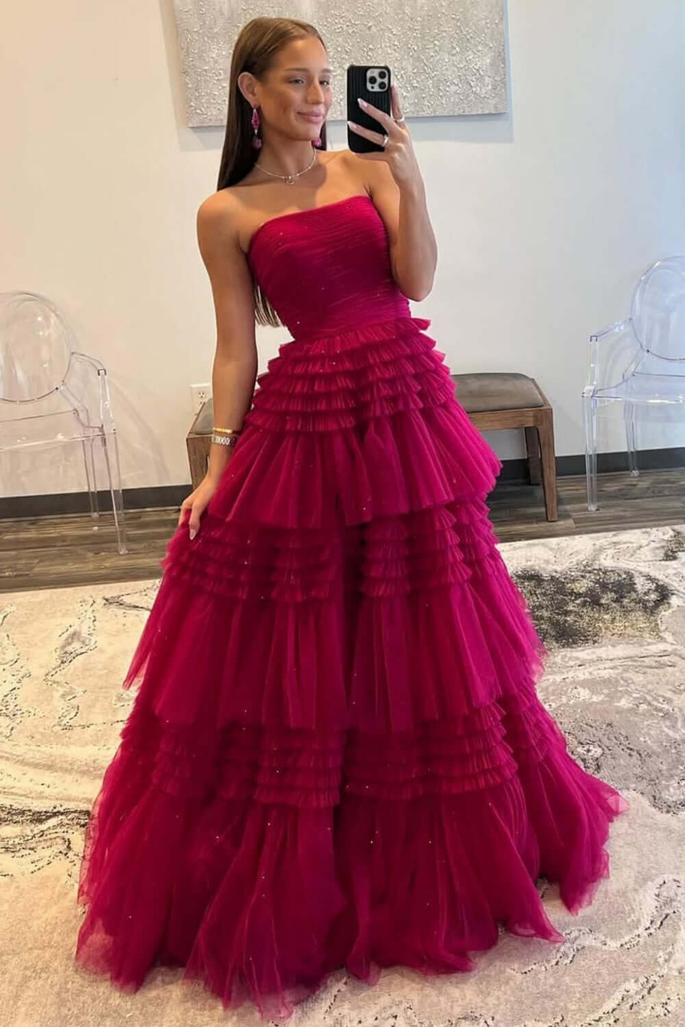 Strapless Prom Dress Tulle Long Tiered Cocktail Dress with Slit