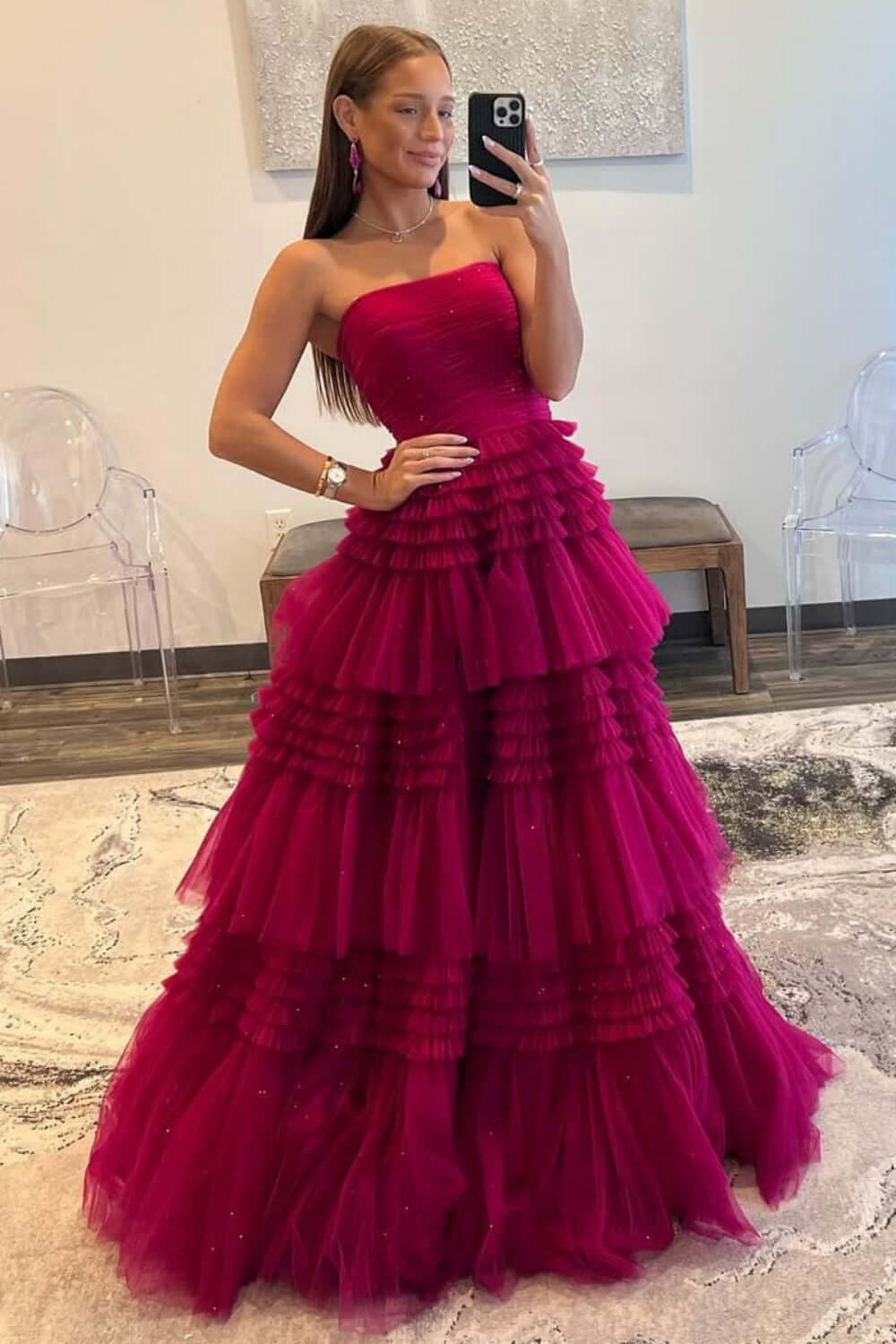 Strapless Prom Dress Tulle Long Tiered Cocktail Dress with Slit