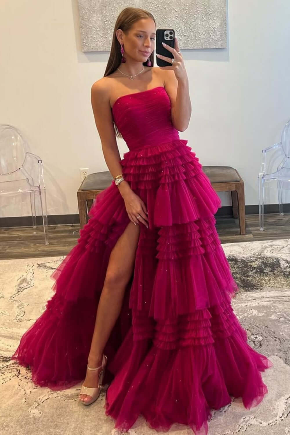 Strapless Prom Dress Tulle Long Tiered Cocktail Dress with Slit