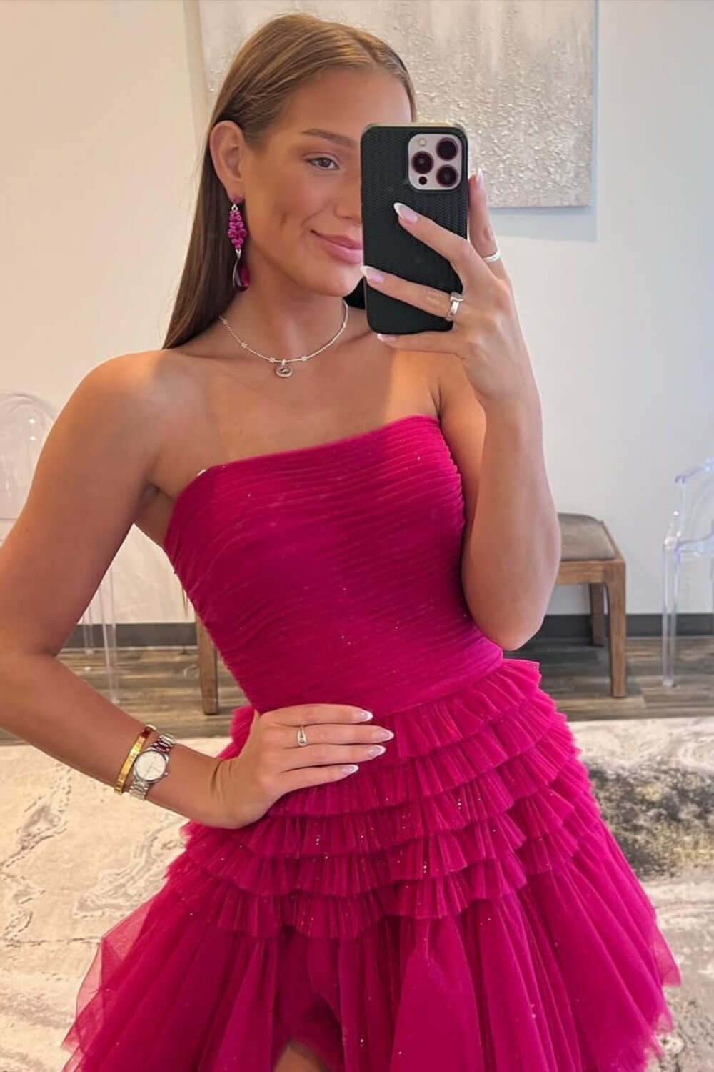 Strapless Prom Dress Tulle Long Tiered Cocktail Dress with Slit