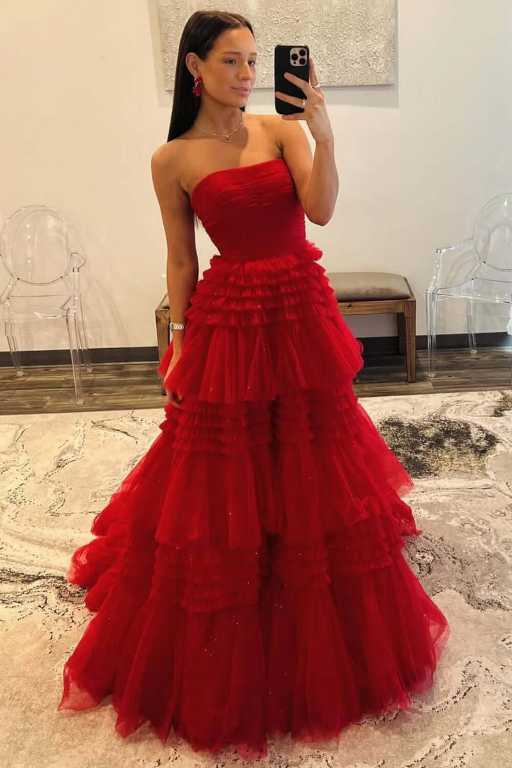 Strapless Prom Dress Tulle Long Tiered Cocktail Dress with Slit