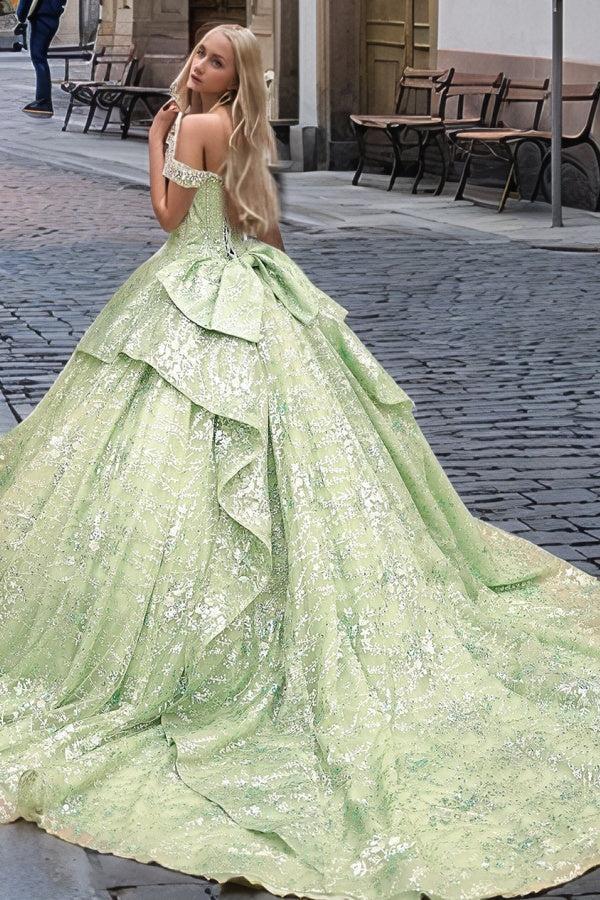 Glamorous Ball Gown Off Shoulder Sleeveless Beaded Tiered Ruffles Silver Flowers Appliques Green Tulle Quinceanera Dress Evening Formal Gown For Sweet 16
