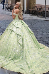 Glamorous Ball Gown Off Shoulder Sleeveless Beaded Tiered Ruffles Silver Flowers Appliques Green Tulle Quinceanera Dress Evening Formal Gown For Sweet 16