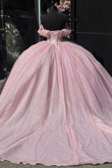 Glamorous & Cute Ball Gown Off Shoulder Beaded Pleated Lace Up Pink Tulle Quinceanera Dress Birthday Party Gown For Sweet 16