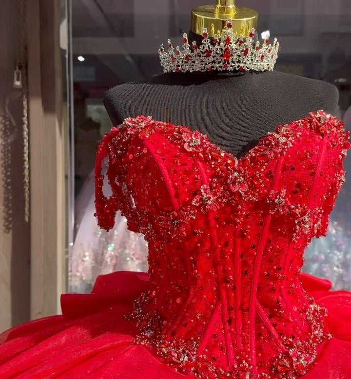 Glamorous & Gorgeous Ball Gown Off Shoulder Sweetheart Neck Red Tulle Princess Evening Party Gown Quinceanera Dress For Sweet 16