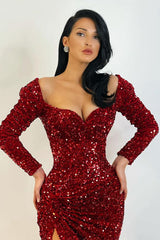 Glamorous Long Sleeves Sequins Mermaid Evening Gowns Split Prom Dress