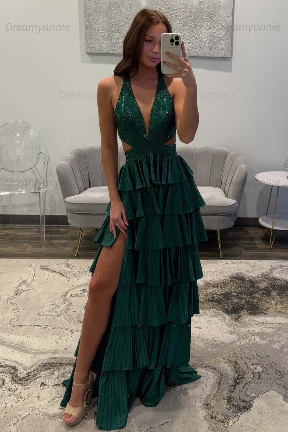 Dreamyannie Halter Grey Prom Dress Tiered A-Line Long Formal Dress With Slit