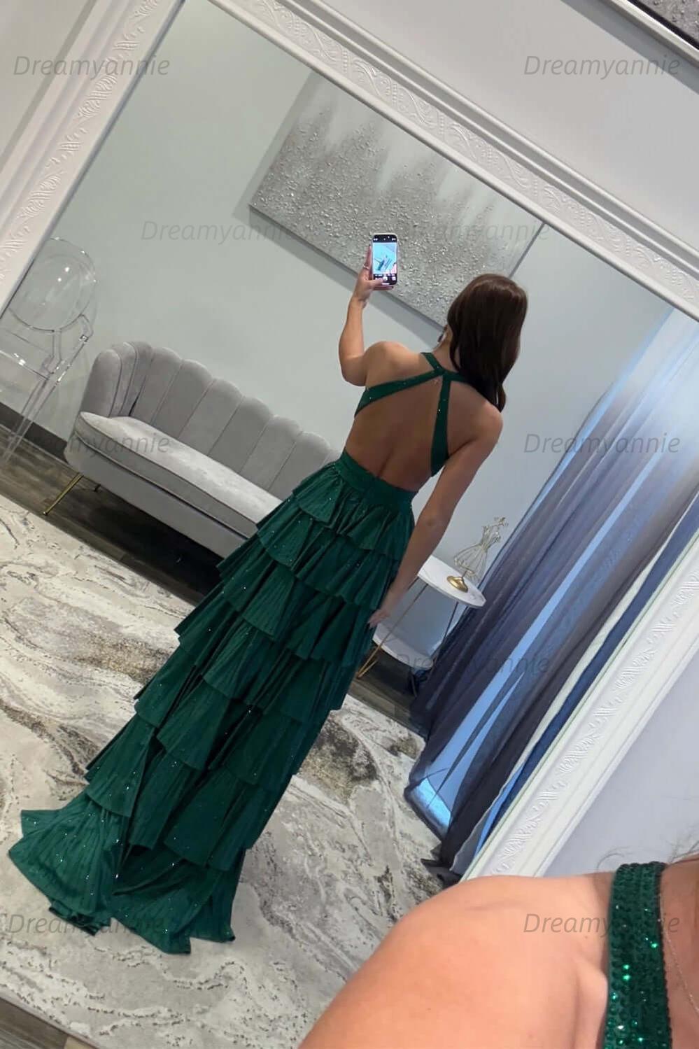 Dreamyannie Halter Grey Prom Dress Tiered A-Line Long Formal Dress With Slit