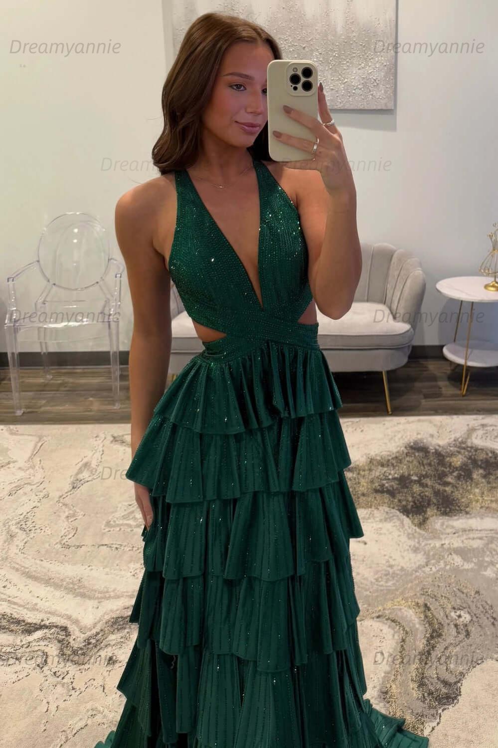 Dreamyannie Halter Grey Prom Dress Tiered A-Line Long Formal Dress With Slit