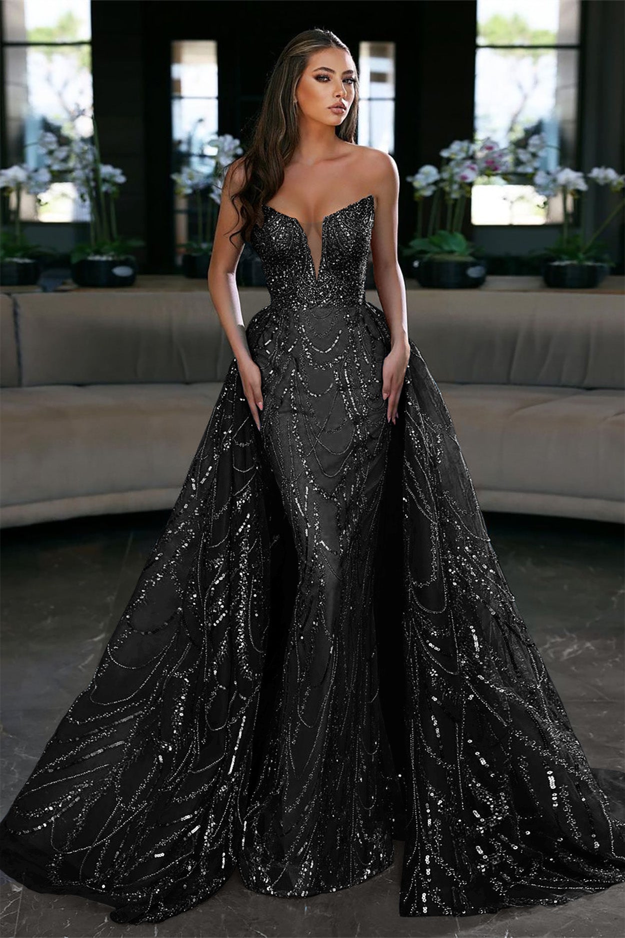 Glamorous Royal Blue Sleeveless Strapless Long Evening Dress Evening Dress with Sequins