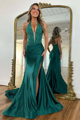 Dreamyannie Red Prom Dress Halter Lace Corset Evening Dress With Slit