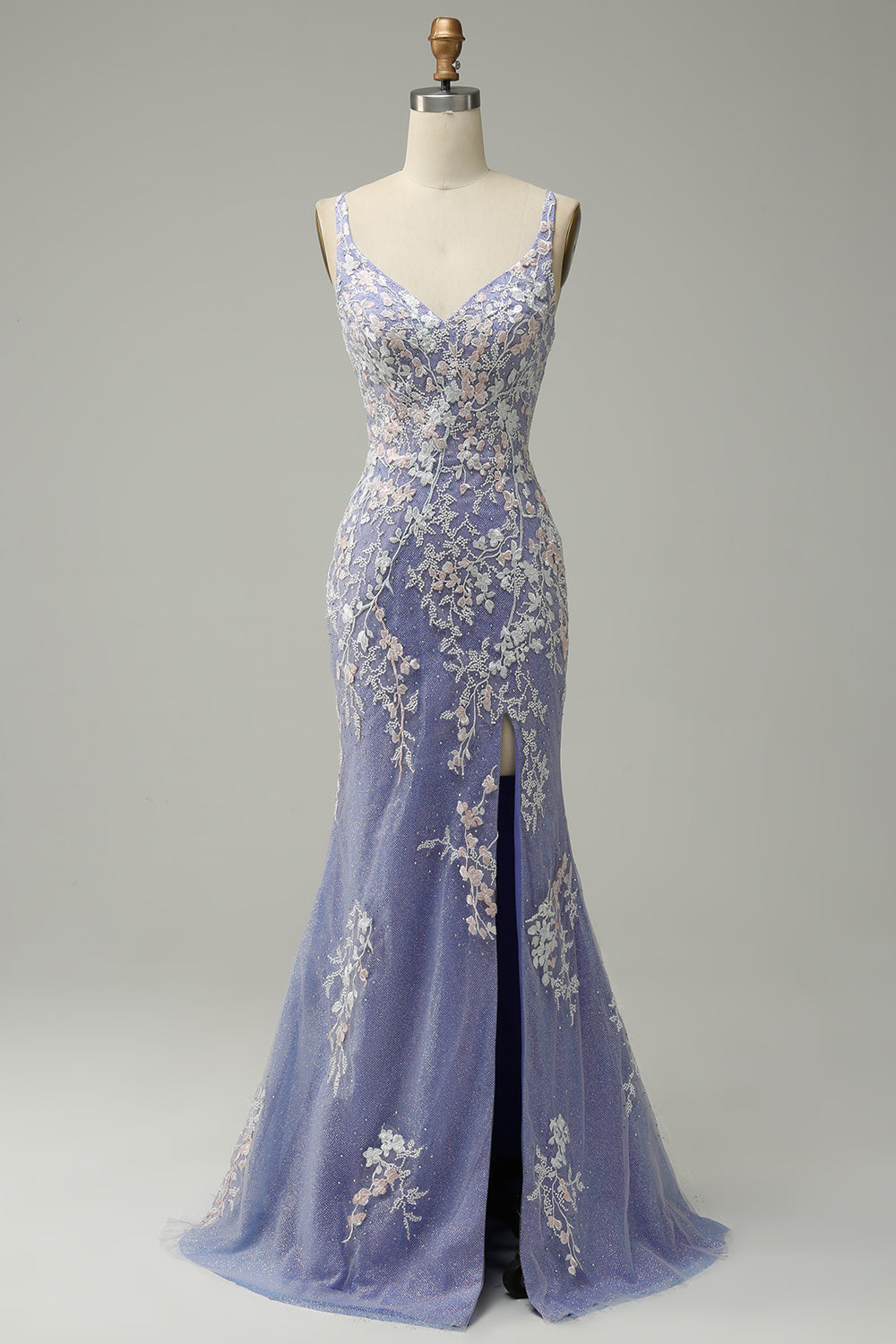 Glitter Blue Mermaid Lace Long Prom Dress with Slit