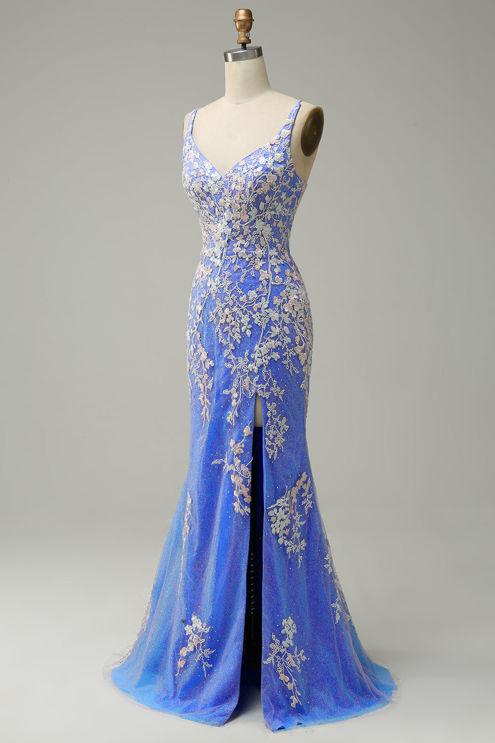 Glitter Blue Mermaid Lace Long Prom Dress with Slit