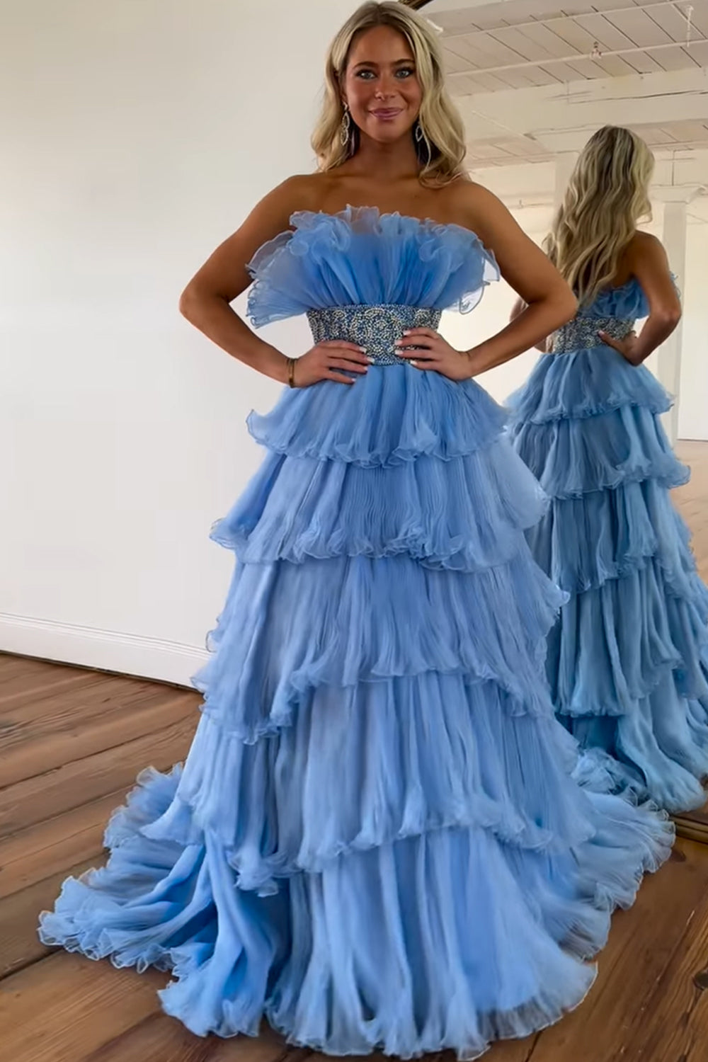 Glitter Blush A Line Beaded Long Tulle Tiered Prom Dress with Ruffles