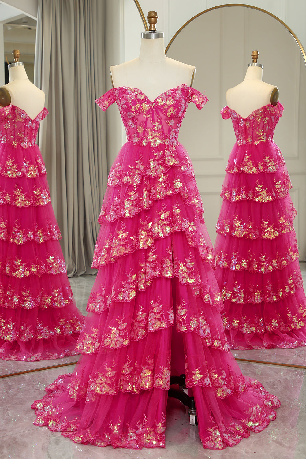 Glitter Fuchsia Prom Dress A Line Long Tiered Corset Evening Dress With Lace