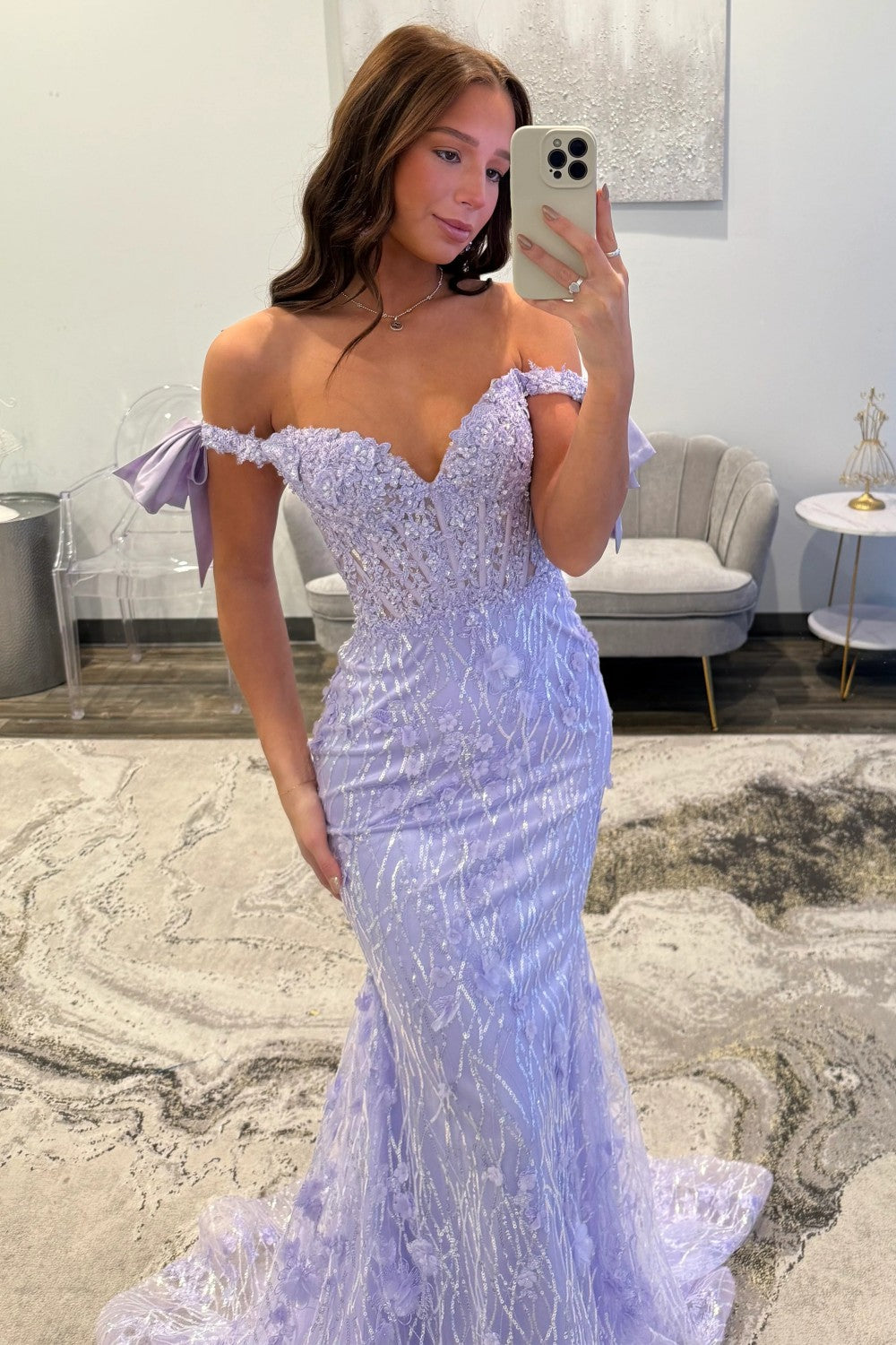 Glitter Lavender Off-The-Shoulder Mermaid Prom Dress With Sequined Lace Formal Evening Gown
