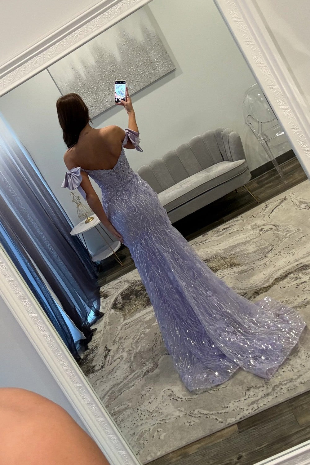 Glitter Lavender Off-The-Shoulder Mermaid Prom Dress With Sequined Lace Formal Evening Gown