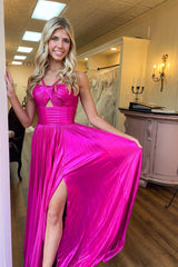 Glitter Metallic Green Prom Dress Pleated Backless Long Formal Dress With Slit