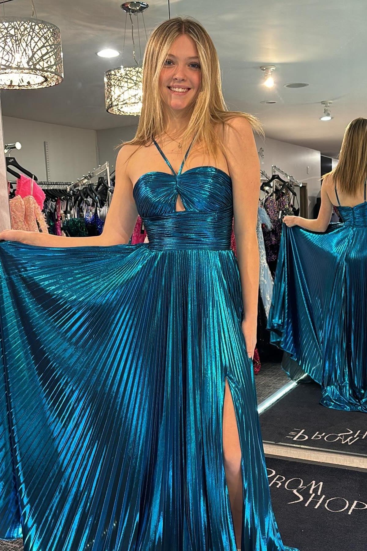 Glitter Metallic Green Prom Dress Pleated Backless Long Formal Dress With Slit