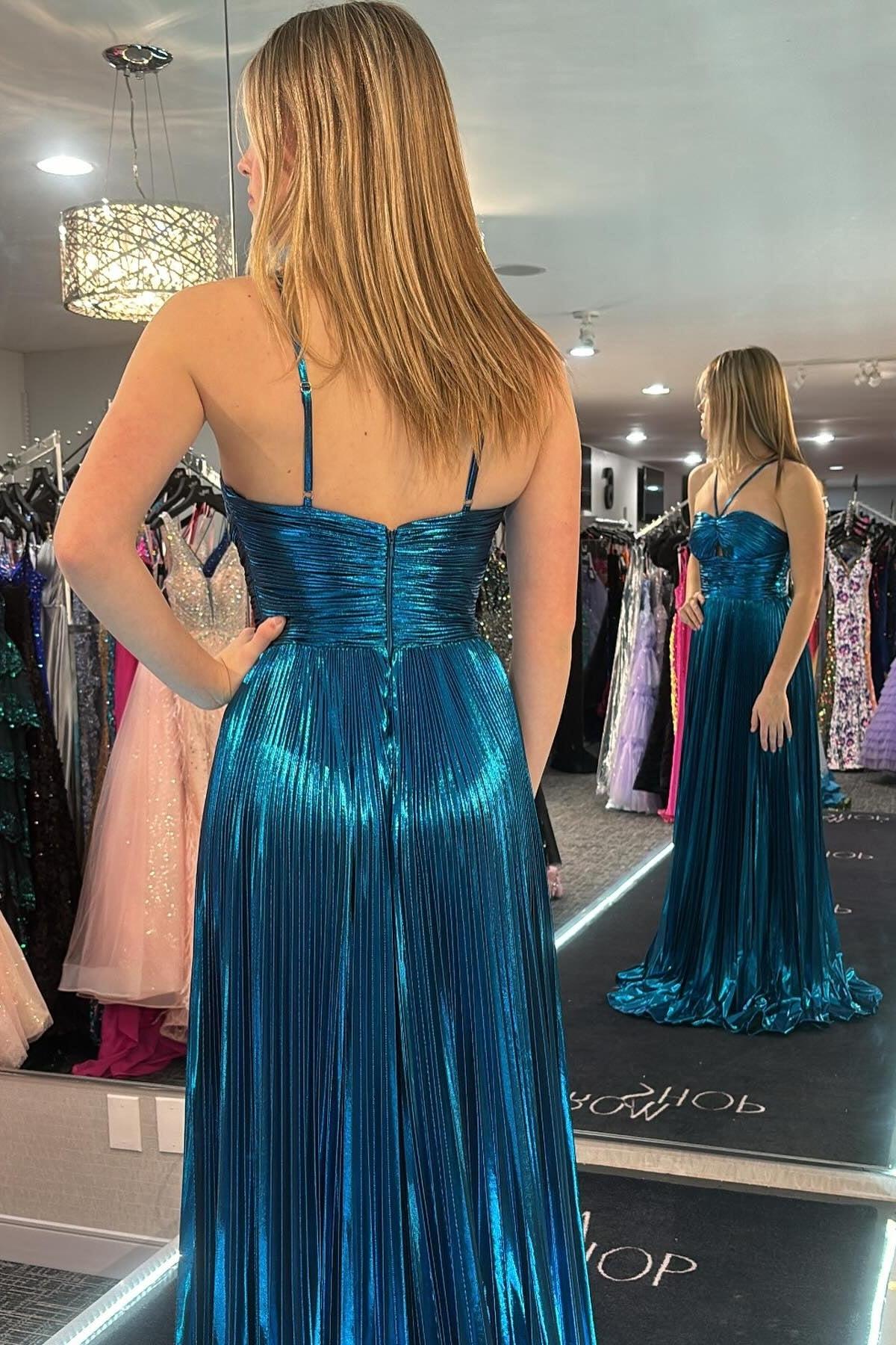 Glitter Metallic Green Prom Dress Pleated Backless Long Formal Dress With Slit