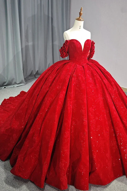 Red Quinceanera Dress Ball Gown V-Neck Lace Beading Short Sleeves Court Train Sweet 16 Party Dress