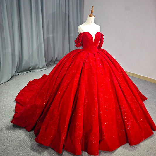 Red Quinceanera Dress Ball Gown V-Neck Lace Beading Short Sleeves Court Train Sweet 16 Party Dress