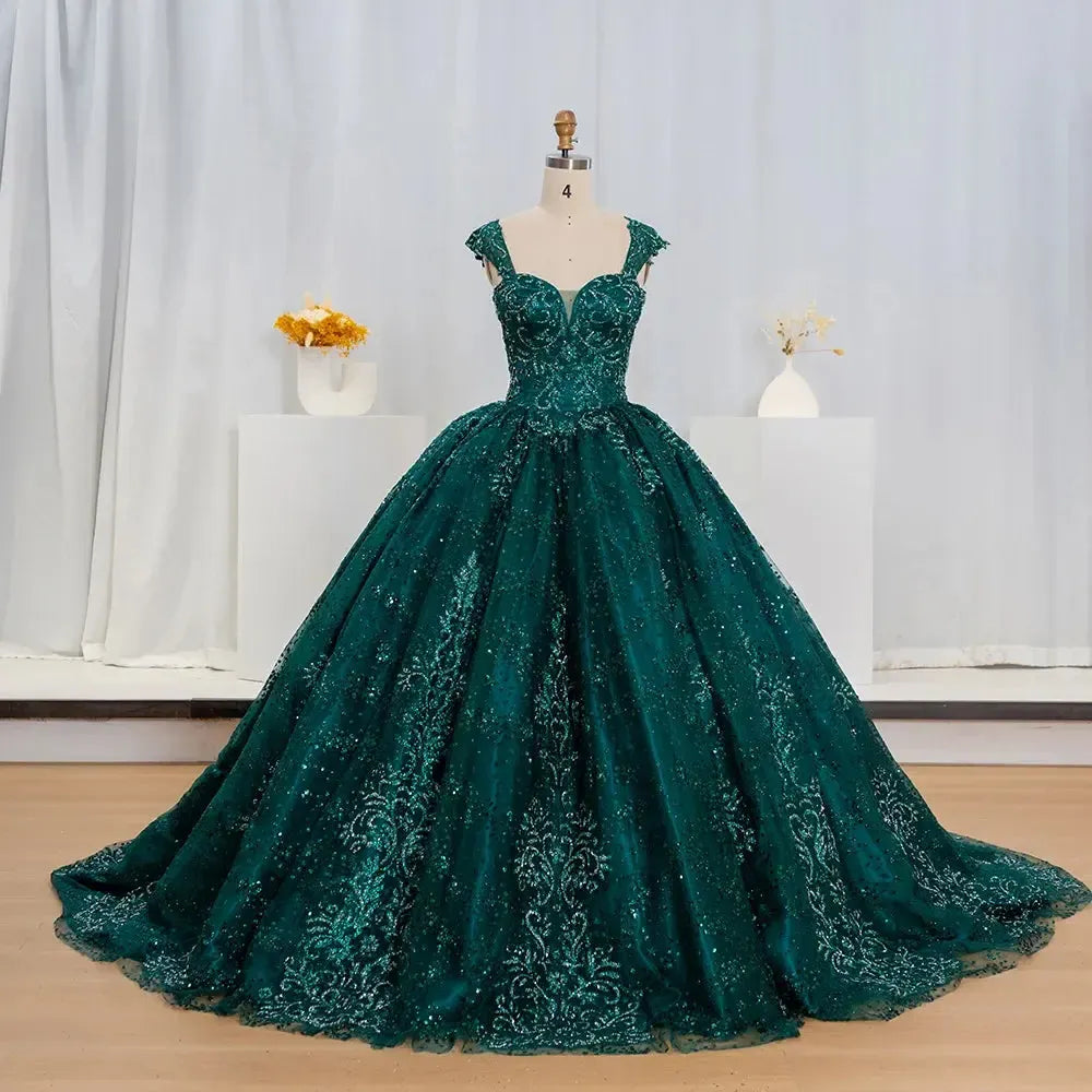 Glitter Sequins Prom Dress Princess Long Green Elegant Backless Sweet 16 Party Dress